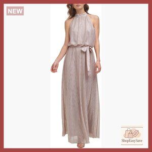 Sleeveless Halter Maxi Blouson Dress Elegant Formal Stand Collar Tie Sash